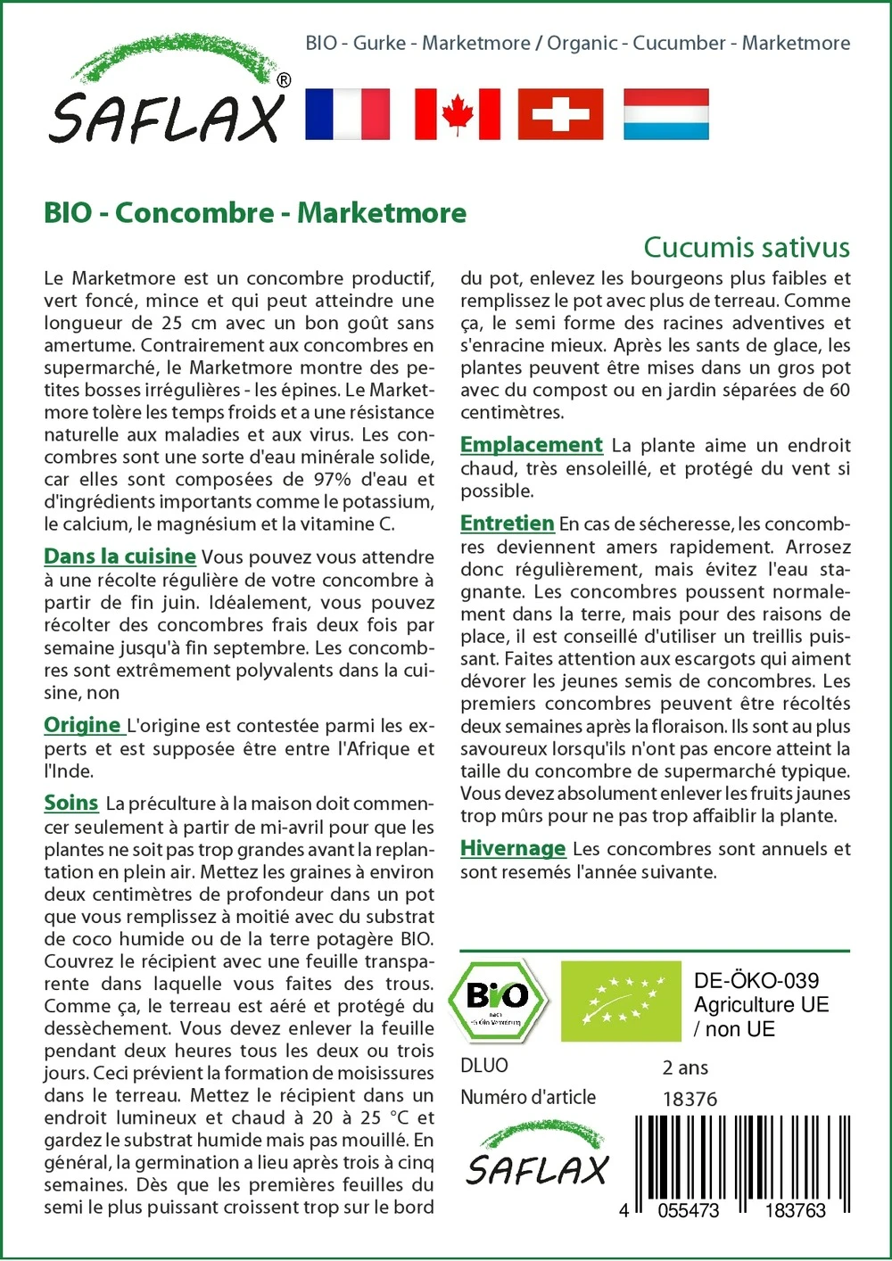 Kit De Culture - Bio - Concombre - Marketmore - 20 Graines - Cucumis Sativus 3 Kit De Culture - Bio - Concombre - Marketmore - 20 Graines - Cucumis Sativus – Image 3